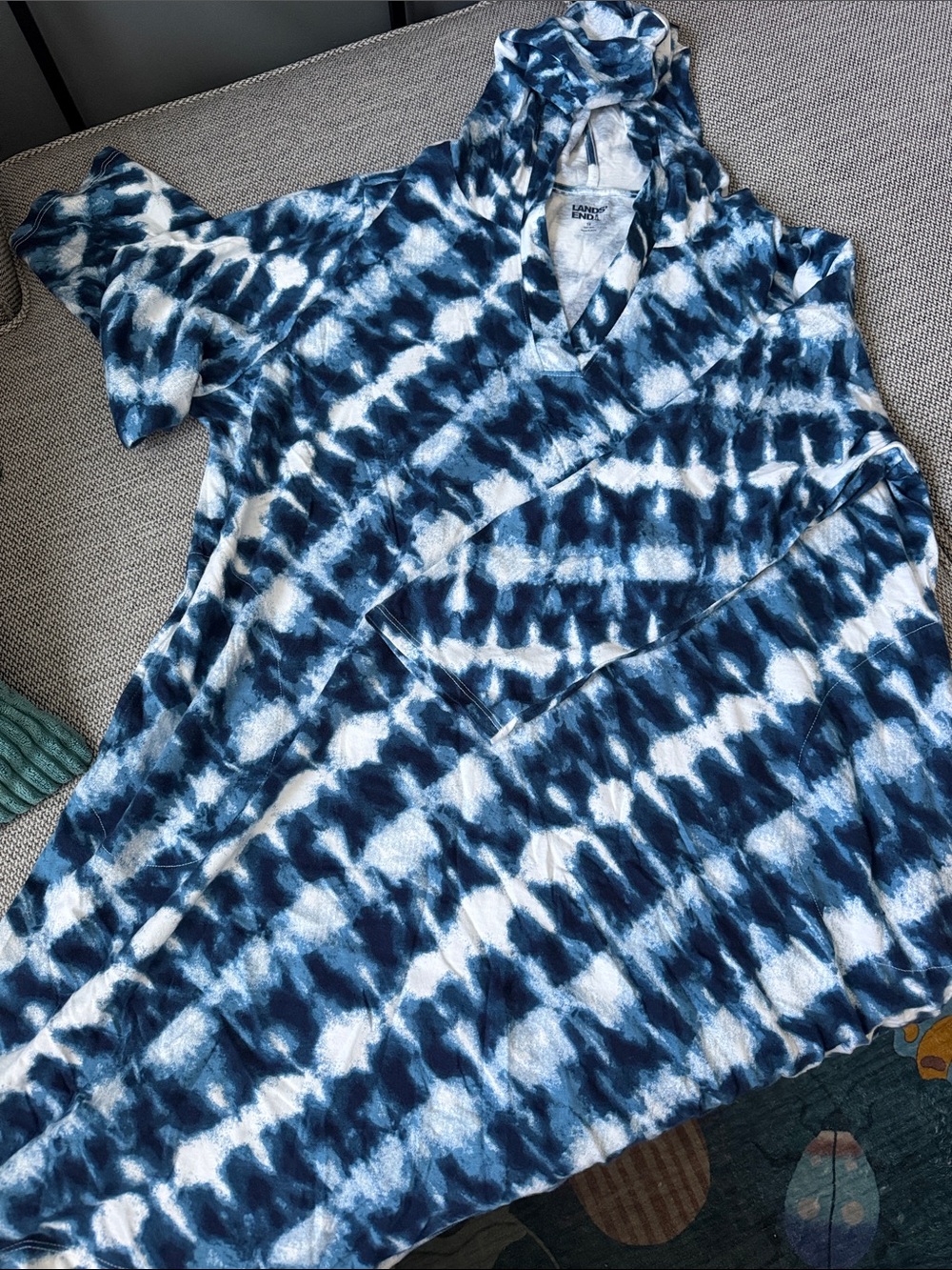 Lands' End Women's Blue & White Tie-Dye Hooded Pullover swim cover-up, new, 1X
